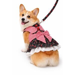 Cha-Cha Couture Dog Dress Red Gingham Cherry Polka Dot Skirt Bow Leash Large